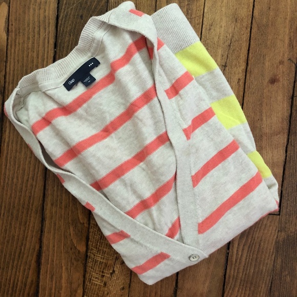 GAP Cream, Coral, & Bright Yellow Striped Cardigan - Picture 3 of 5
